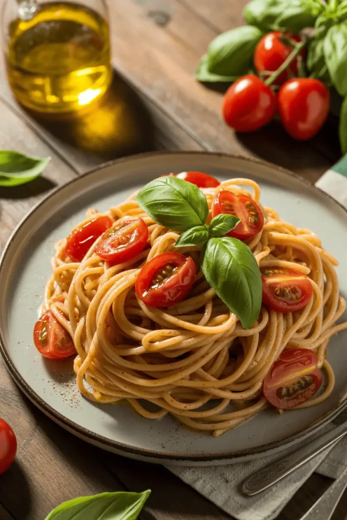 “cherry tomato basil pasta with glossy tomatoes and fresh basil leaves, olive oil shine, warm daylight, rustic but clean plate, professional food photography, photorealistic, no text, vertical 2:3”