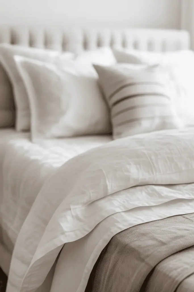“close-up detail of layered spring bedding, crisp white cotton sheets, lightweight quilt, linen throw at foot of bed, soft texture focus, bright natural light, cozy and breathable look, realistic photography, no text, 2:3 vertical”