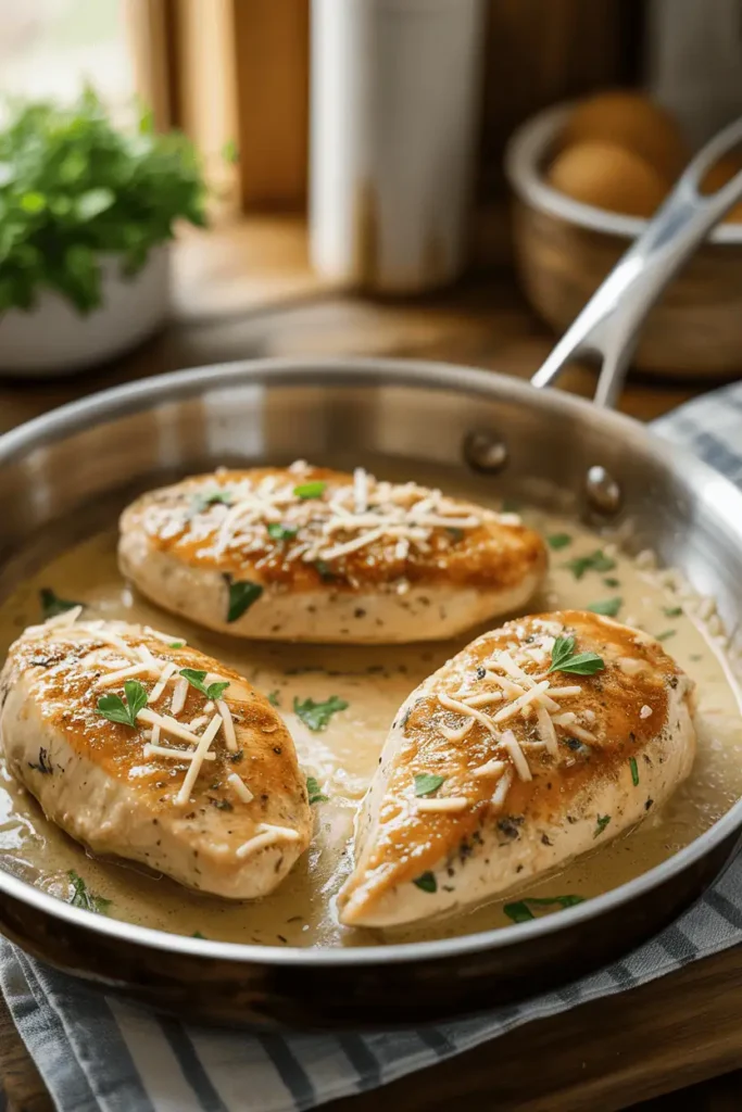 “creamy garlic parmesan chicken in skillet, golden seared chicken breasts with rich creamy sauce, sprinkled parmesan and parsley, warm cozy lighting, home kitchen setting, shallow depth of field, professional food photography, photorealistic, no text, vertical 2:3”