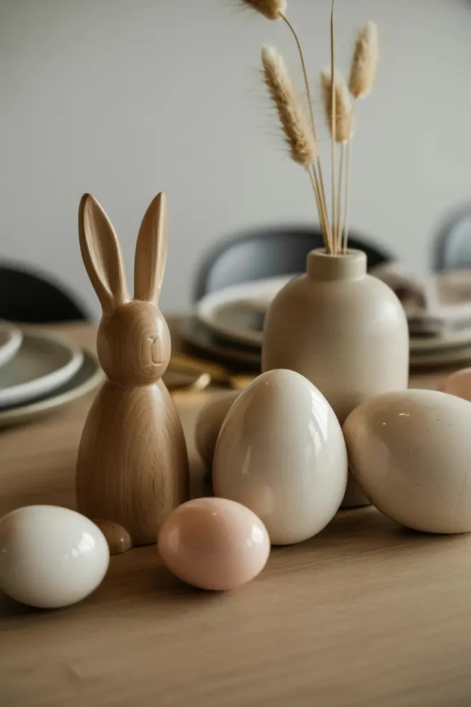 “early Easter table decor with neutral ceramic eggs, wooden bunny figurine, subtle seasonal accents, muted colors, minimal styling, soft spring daylight, elegant restrained atmosphere, realistic photography, no text, 2:3 vertical”