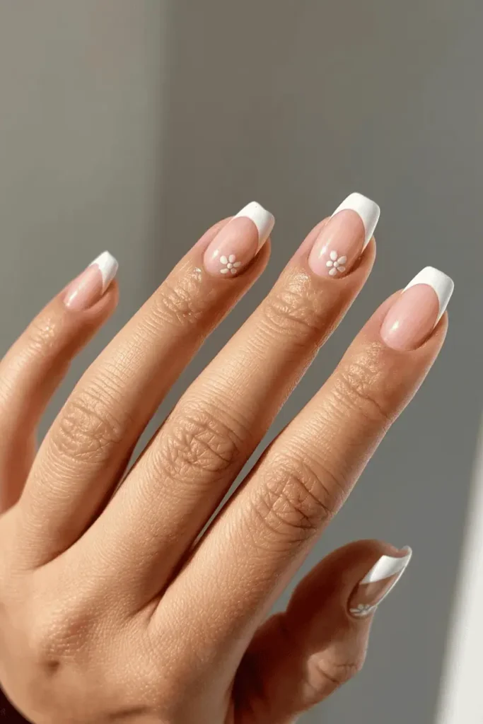 french tip nails with small floral accents, nude base with white tips, minimalist spring nail design, tiny flower near tip or cuticle, clean neutral background, natural daylight, realistic nail photography, pinterest vertical 2:3 ratio, no text