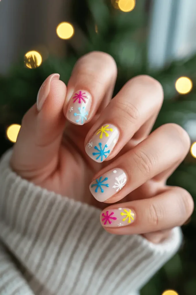 light base nails with snowflakes in bright colors (pink blue yellow green), playful winter style, cozy holiday backdrop, warm glowy lighting, realistic hands