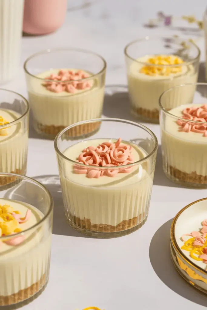“mini no-bake cheesecake cups in clear glasses, biscuit crumb base and creamy filling, pastel spring toppings, bright daylight, clean simple styling, professional food photography, photorealistic, no text, vertical 2:3”