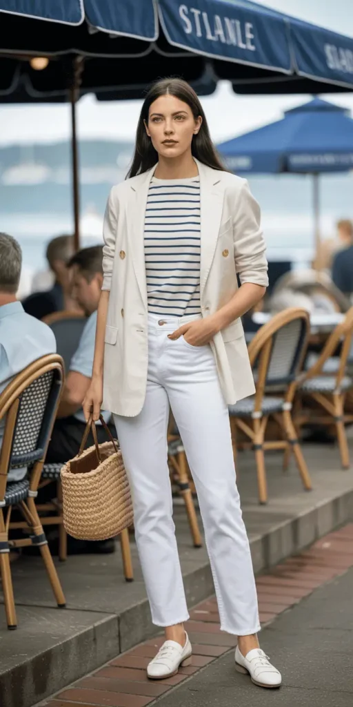 Cream Blazer Over Striped Shirt and White Jeans
