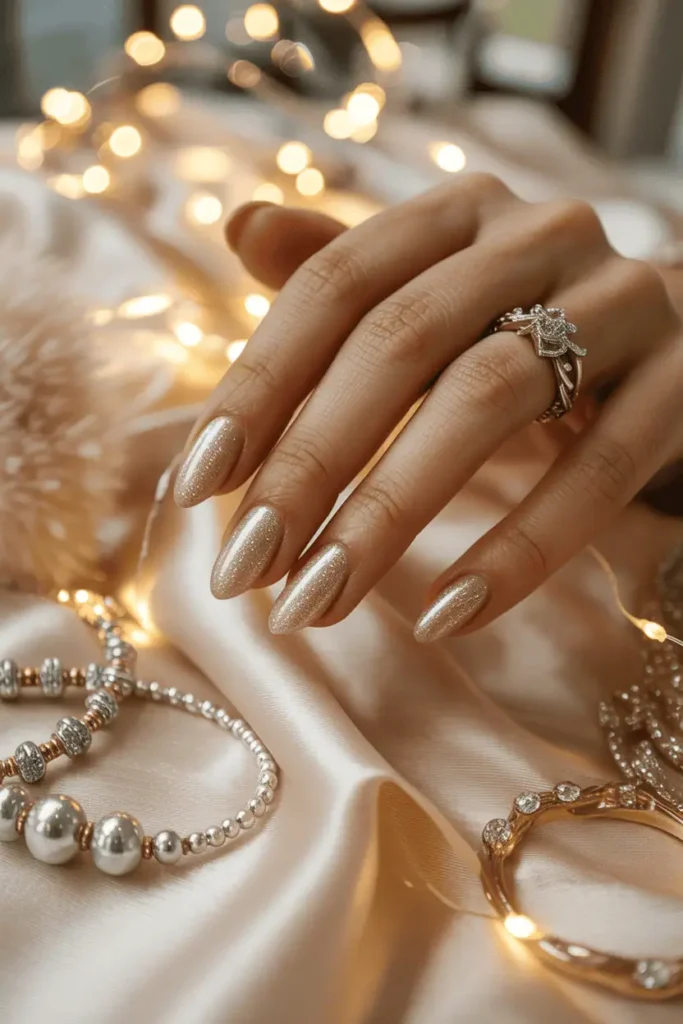 Nude nails with champagne glitter polish, elegant evening setup, warm gold tones.