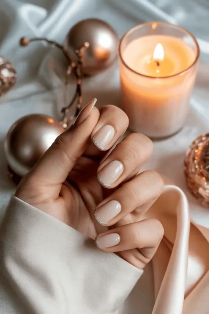 Nude nails with fine glitter outline, elegant minimal background, candlelight.