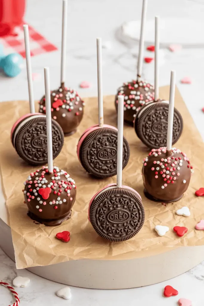 “Oreo cookie pops on sticks dipped in chocolate with Valentine sprinkles, arranged on parchment paper, colorful accents, bright kitchen lighting, fun but clean composition, professional food photography, no text, vertical 2:3”