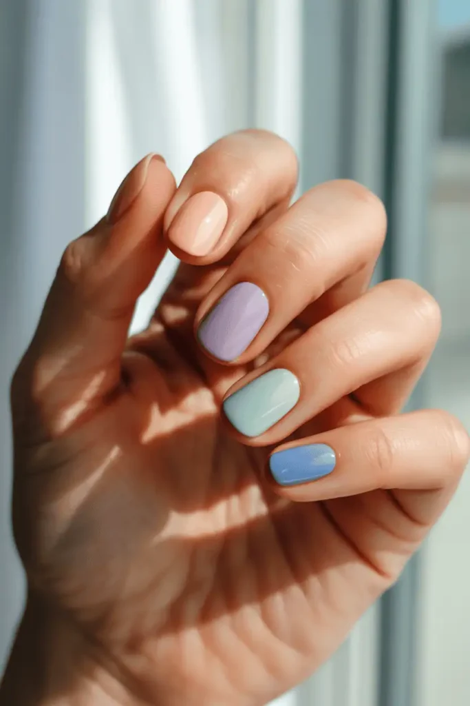 pastel multicolor nails (pink, lilac, mint, peach, blue), glossy finish, natural hand pose, soft bright background, dreamy spring lighting, clean minimal aesthetic