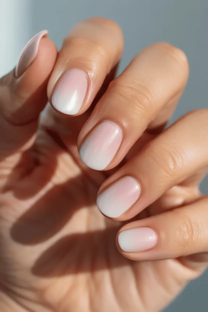 pastel ombre nails blending soft pink into white, dreamy spring nail design, glossy finish, short or almond nails, airy aesthetic, natural lighting, realistic macro nail photography, pinterest vertical 2:3, no text