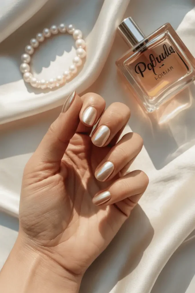 Pearl-sheen nude nails, minimal flatlay, daylight glow.