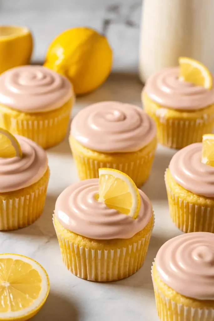 “pink lemonade cupcakes with light glaze or frosting, pale pink color, subtle lemon accents, clean minimal styling, bright natural light, photorealistic food photography, no text, vertical 2:3”