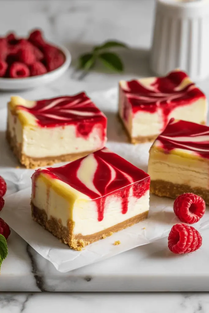 “raspberry cheesecake bars with visible swirl, clean sliced edges, arranged on marble surface, fresh raspberries nearby, soft daylight, elegant dessert styling, professional food photography, no text, 2:3 vertical”