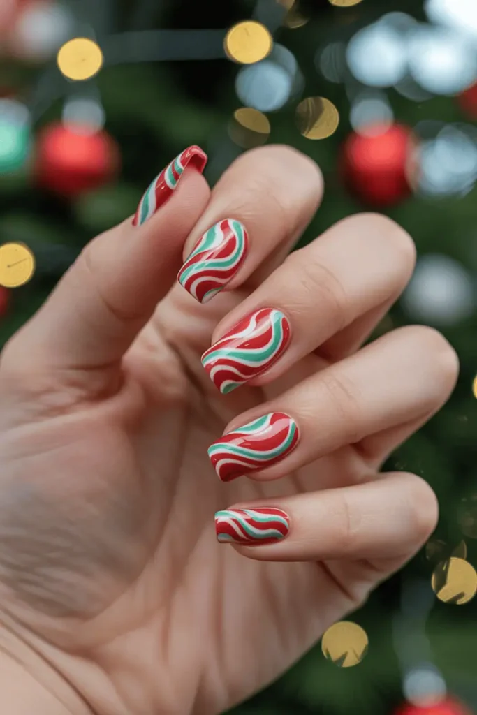 red and green swirl nails with whimsical shapes, bright candy-like colors, playful holiday vibes, soft bokeh lights, realistic hands