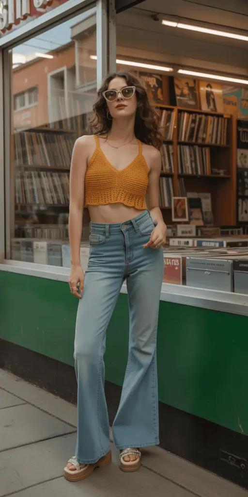 Vintage '70s: Flare Jeans + Cropped Crochet Top + Platform Sandals