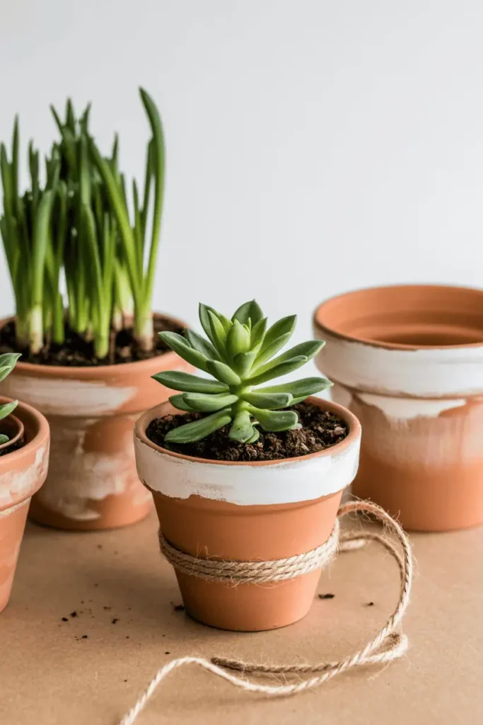 “simple decorated terra cotta pots with subtle paint accents and twine, small spring plants inside, bright natural light, neutral crafting surface, beginner DIY aesthetic, realistic photography, no text, 2:3 vertical”