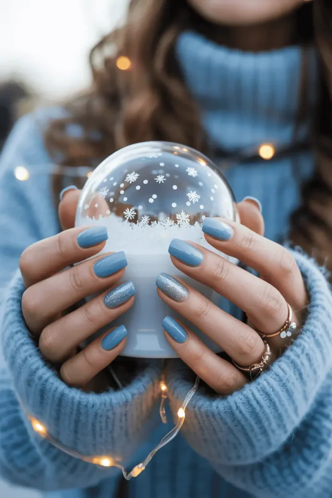 Soft blue nails with subtle glitter fade holding a snow globe or frosted mug.