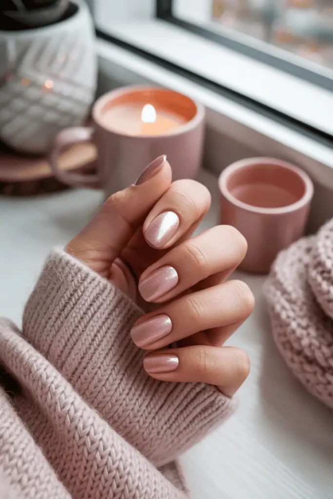 Soft pink shimmer nails, gentle daylight, romantic winter vibe.
Pinterest hero photo, warm blush tones, soft focus, cozy feminine aesthetic, props: knit sweater, candle, pink mug.