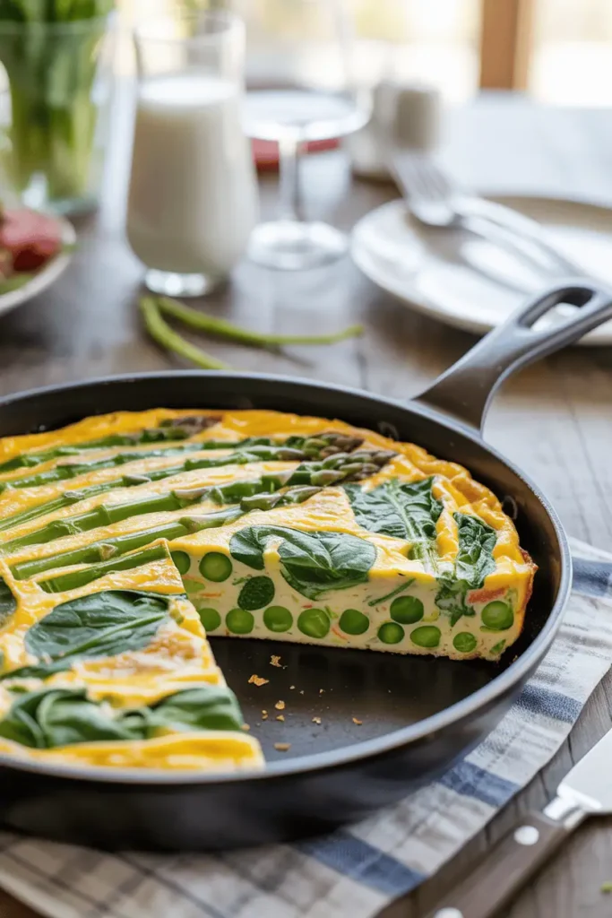 “spring vegetable frittata sliced in skillet, asparagus peas spinach visible, golden edges, soft natural daylight, home brunch table setting, professional food photography, photorealistic, no text, vertical 2:3”