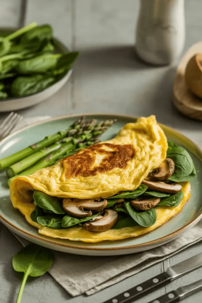 “spring vegetable omelet with spinach mushrooms and asparagus, folded omelet on plate, soft natural light, simple lunch table styling, professional food photography, photorealistic, no text, vertical 2:3”