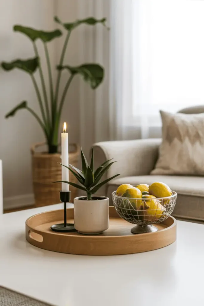 “spring vignette on a coffee table with wooden tray, candle, small plant, lemons or seasonal fruit bowl, minimal styling, airy bright room, soft natural shadows, realistic home interior photo, no text, 2:3 vertical”