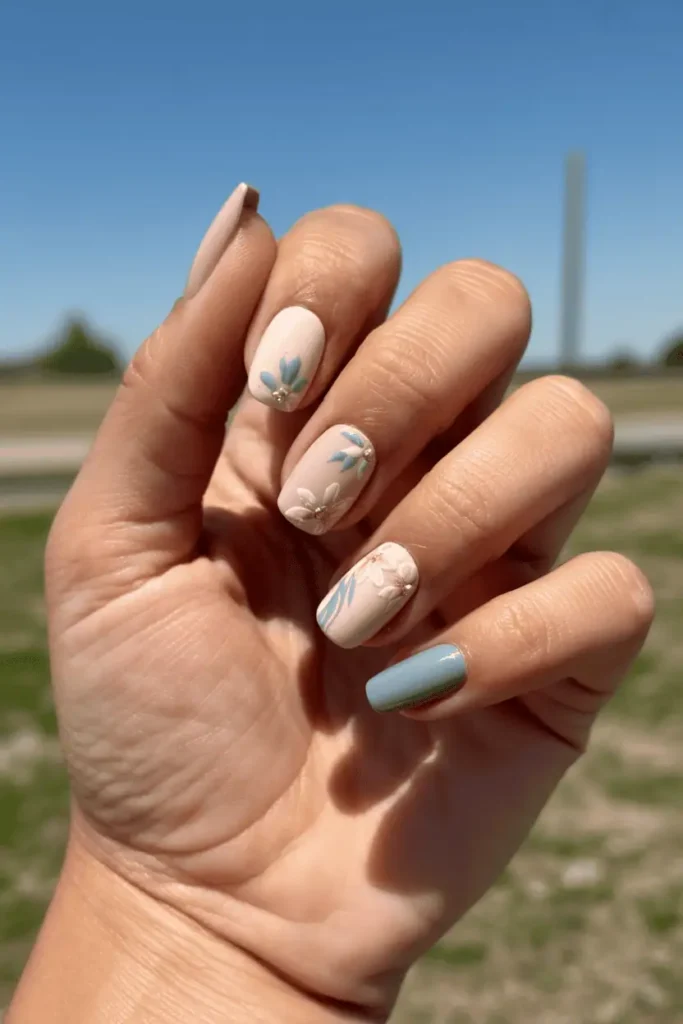 spring western nail designs, light neutral nails with subtle floral accents, soft pink cream and dusty blue tones, western-inspired details, bright natural daylight, open countryside background, fresh boho aesthetic, editorial nail photography, pinterest vertical 2:3 ratio, no text