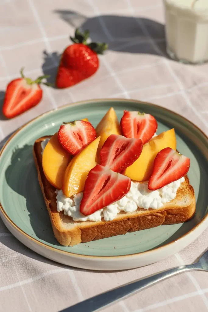 “toast topped with cottage cheese and fresh fruit, strawberries or peaches, clean simple plating, fresh daylight, light spring palette, photorealistic, no text, vertical 2:3”