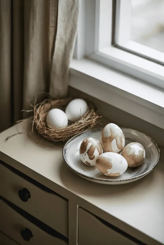 A sophisticated Easter vignette on a console table showing blown eggs with watercolor washes displayed in a shallow ceramic bowl, alongside a small nest made of natural twine. Neutral tones, subtle spring styling, adult aesthetic. Natural light from window, calm and understated composition.
