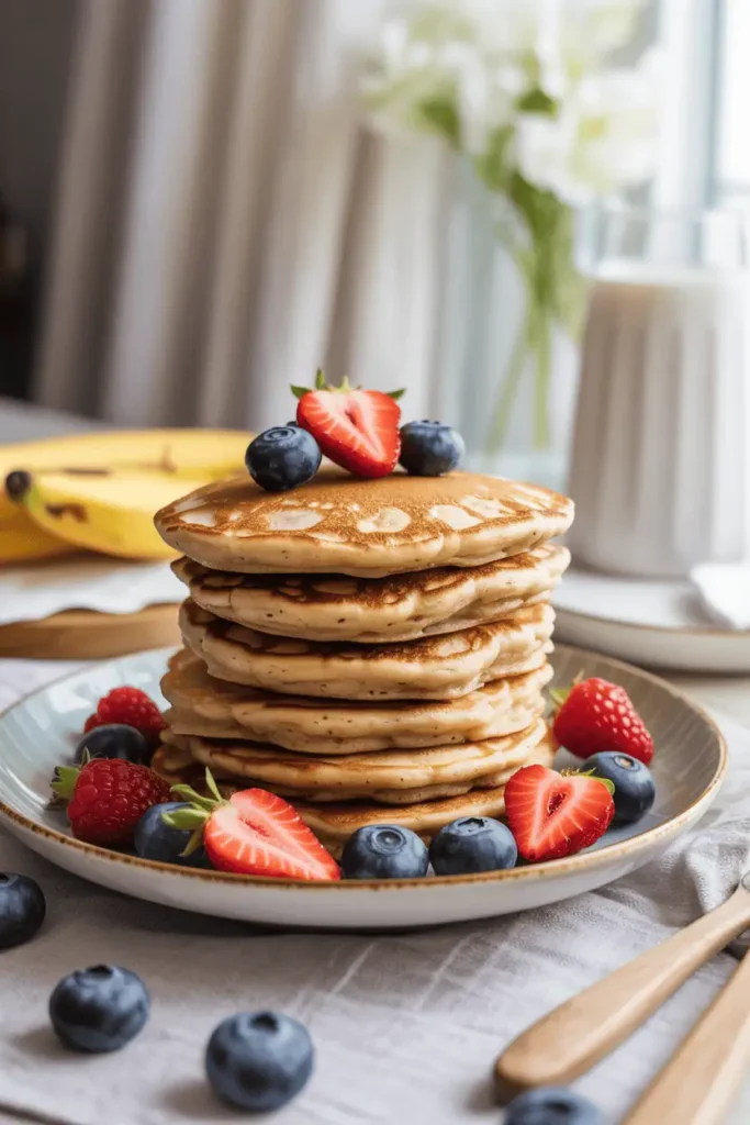 “banana oat pancakes stacked on plate with fresh berries, light golden color, spring morning daylight, casual home breakfast setting, photorealistic, no text, vertical 2:3”