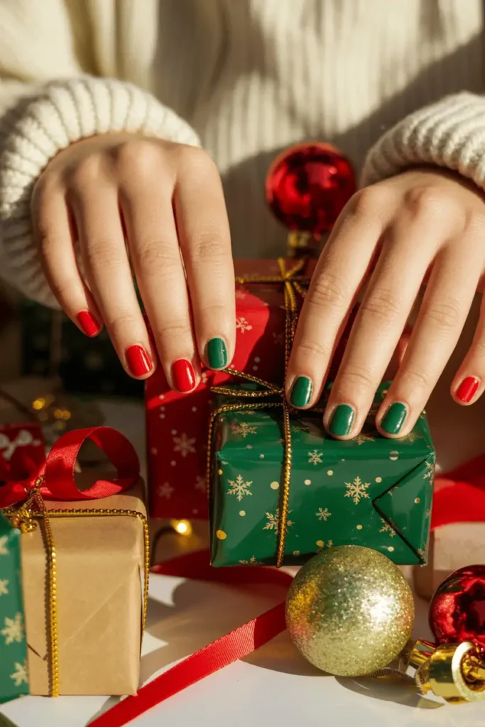 Bright red and green alternating nails with gold details, child holding a Christmas gift.