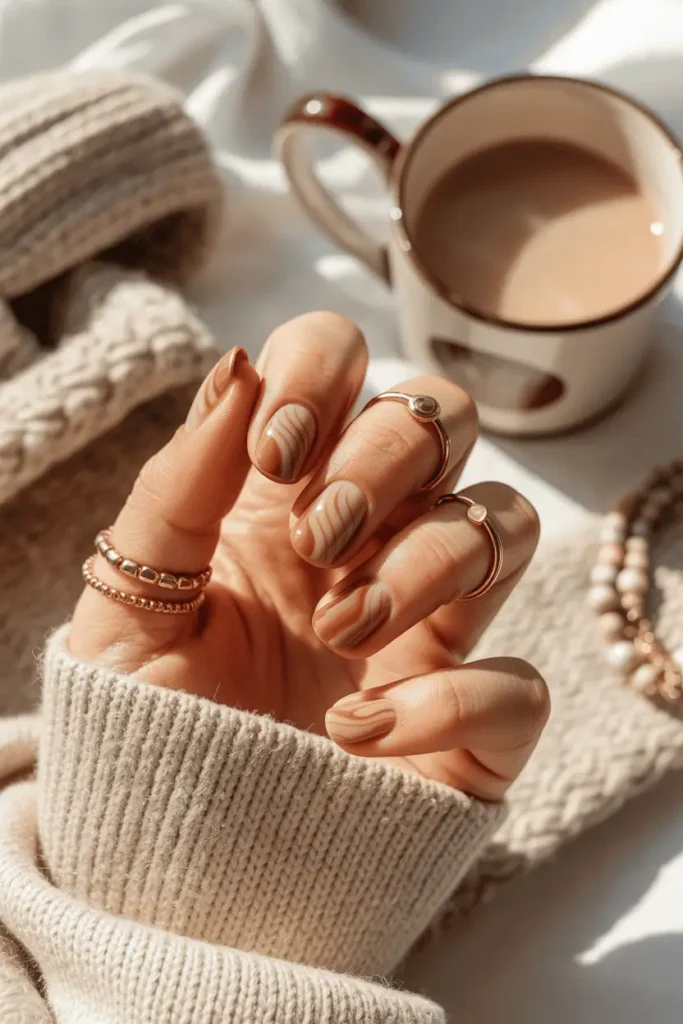 Caramel and beige marbled nails, natural daylight, cozy soft background.