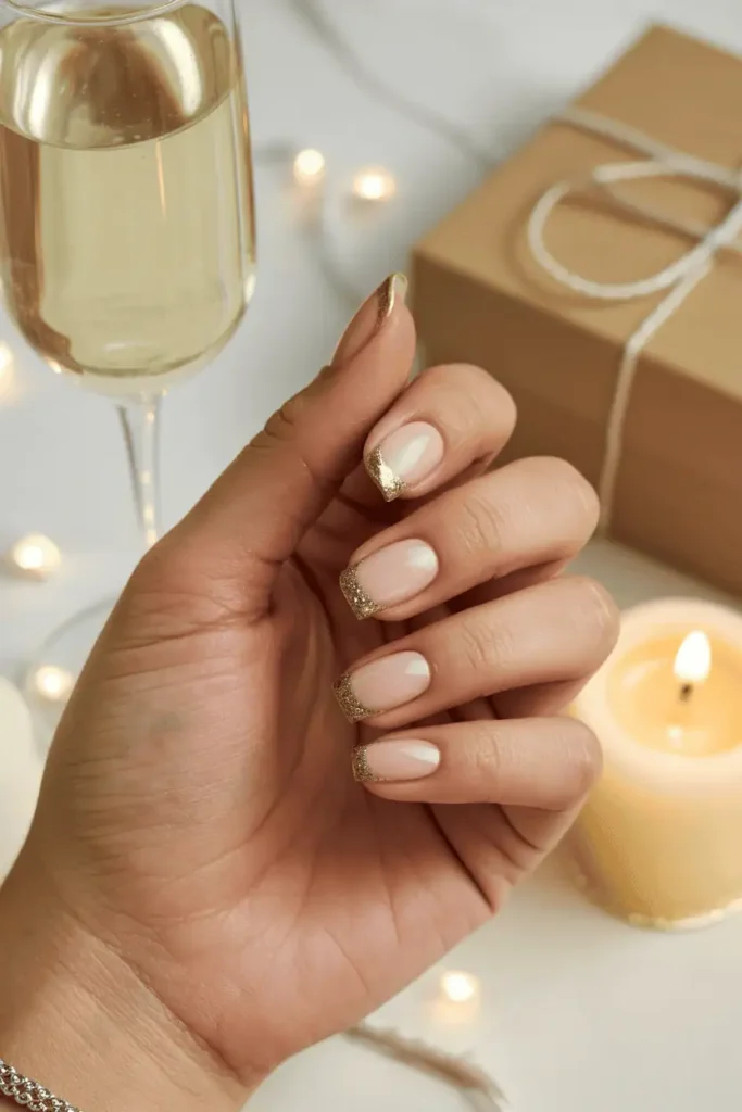 Classic French manicure with gold glitter tips, soft focus, elegant party background.