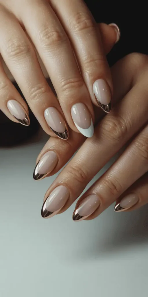 Soft blush pink nails with small white pearl studs clustered on accent nail, romantic Valentine's nail art