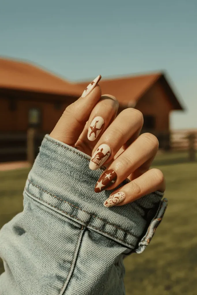cowgirl inspired nail art, western nails with stars and subtle rodeo details, warm brown and cream palette, denim textures, rustic ranch background, golden hour lighting, cinematic editorial nail photography, pinterest vertical 2:3 ratio, no text