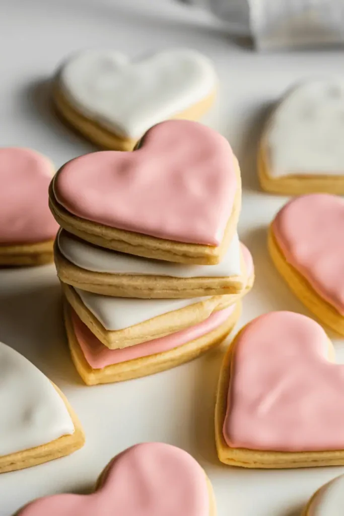 “heart-shaped sugar cookies with pale pink and white icing, stacked and arranged neatly, minimal Valentine styling, soft daylight, clean background, professional food photography, no text, 2:3 vertical”