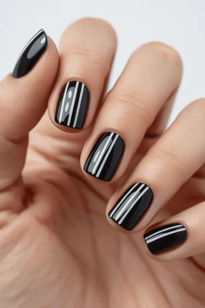 jet black nails with thin white vertical and diagonal stripes, crisp graphic lines, modern minimal design, clean studio background, realistic hands, high clarity lighting