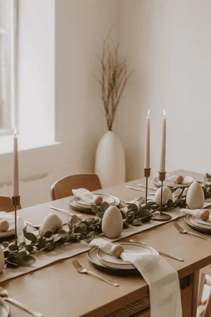 “layered Easter table decor with table runner, greenery, small ceramic accents, simple candles, evenly spaced elements, calm balanced composition, natural light, editorial home photography, no text, 2:3 vertical”