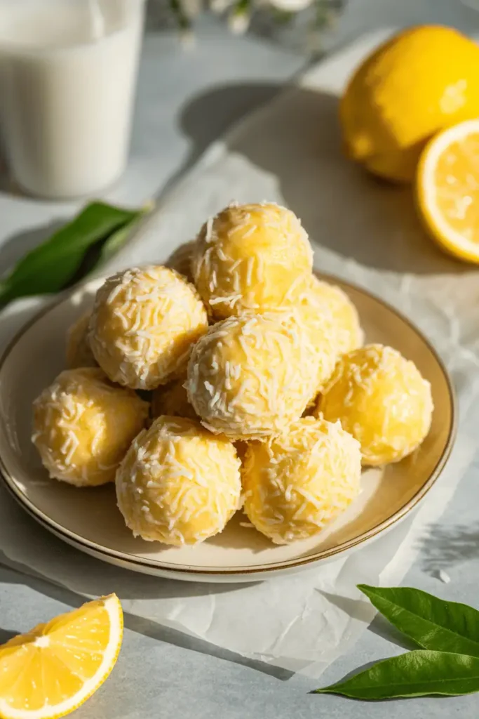 “lemon coconut balls rolled in shredded coconut, light spring tones, simple plate, fresh daylight, clean homemade presentation, professional food photography, photorealistic, no text, vertical 2:3”