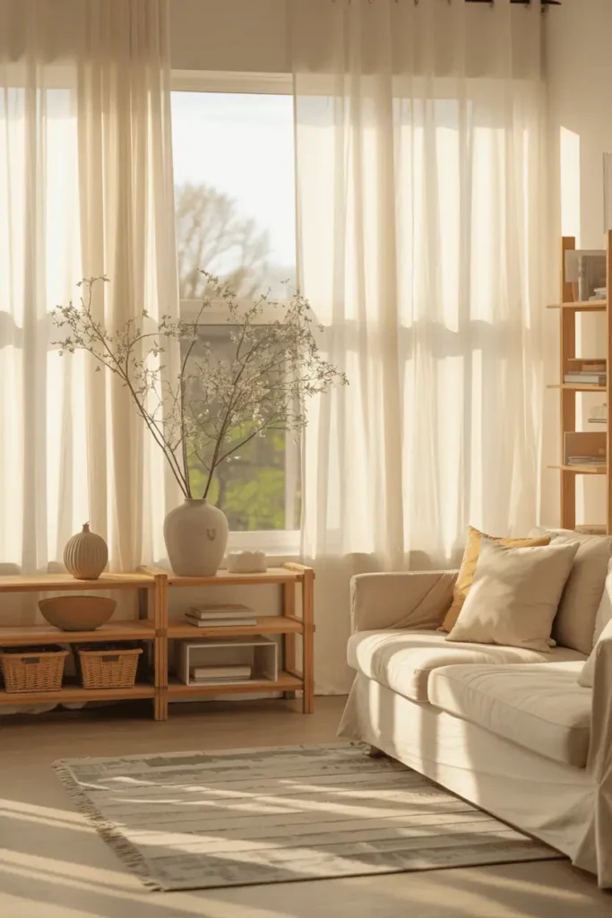 “living room with sheer white curtains glowing with soft daylight, breezy spring atmosphere, minimal Scandinavian decor, warm wood accents, bright airy mood, realistic photography, no text, 2:3 vertical”