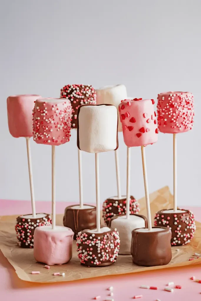 “marshmallow pops on sticks dipped in chocolate and decorated with sprinkles, standing upright on parchment, colorful Valentine palette, playful lighting, clean background, professional food photography, no text, vertical 2:3”