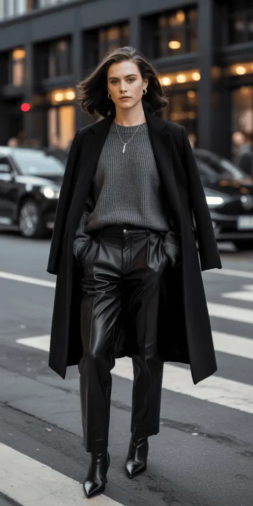 Charcoal Grey Sweater with Black Leather Pants