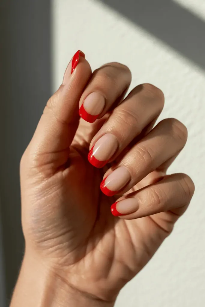 nude nails with bold red French tips, clean hand pose, natural daylight, soft shadows, minimal chic background, realistic texture