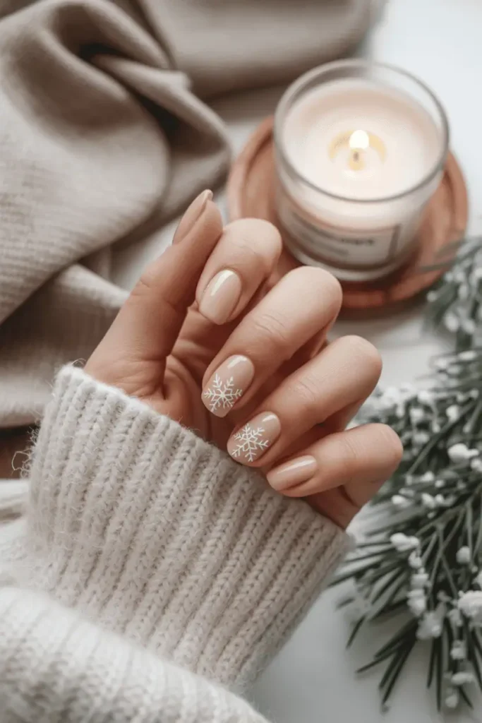 Nude nails with delicate white snowflake accent, winter cozy aesthetic.
Pinterest hero photo, neutral tones, soft natural daylight, props: scarf, soft fabric, candle.