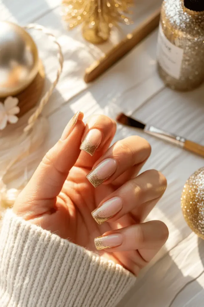 Nude nails with gold glitter ombré tips, DIY manicure table setup, elegant and festive look, soft golden light, cozy aesthetic.
Pinterest hero photo, natural daylight, warm tones, props: gold glitter bottle, brush, ornaments.