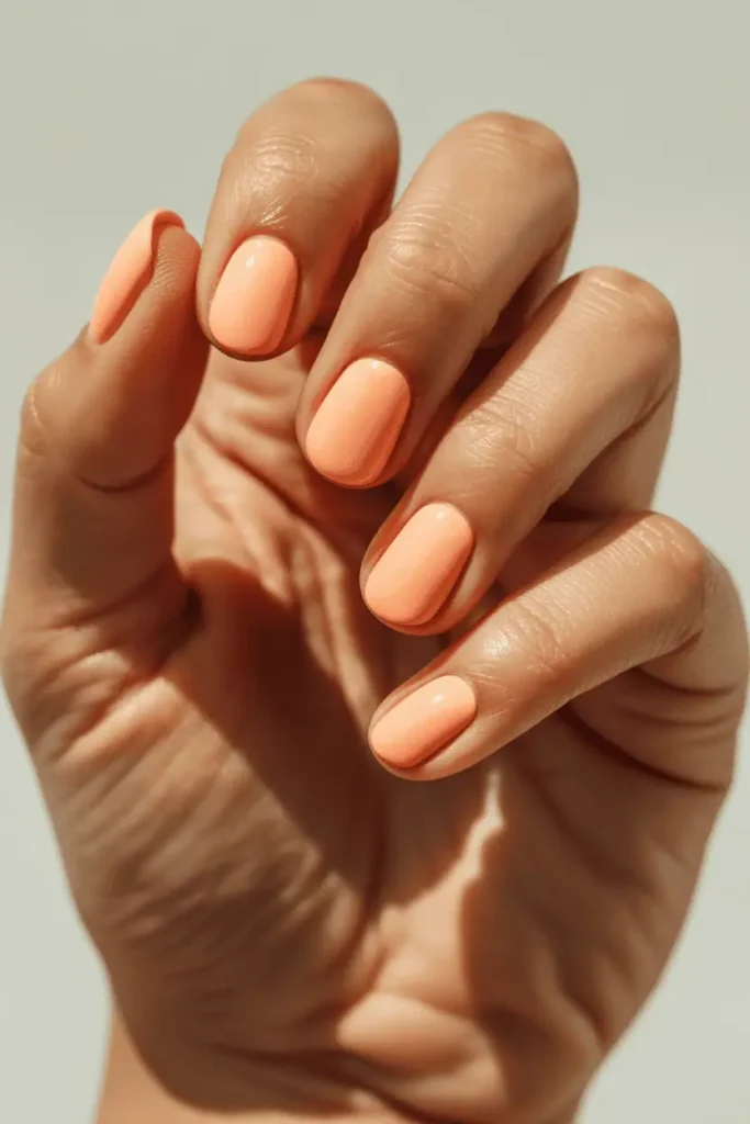 peach pastel nails, soft warm spring shade, glossy finish, minimal manicure, short nails, realistic hand pose, natural daylight, clean neutral background, professional nail photography, pinterest vertical 2:3, no text