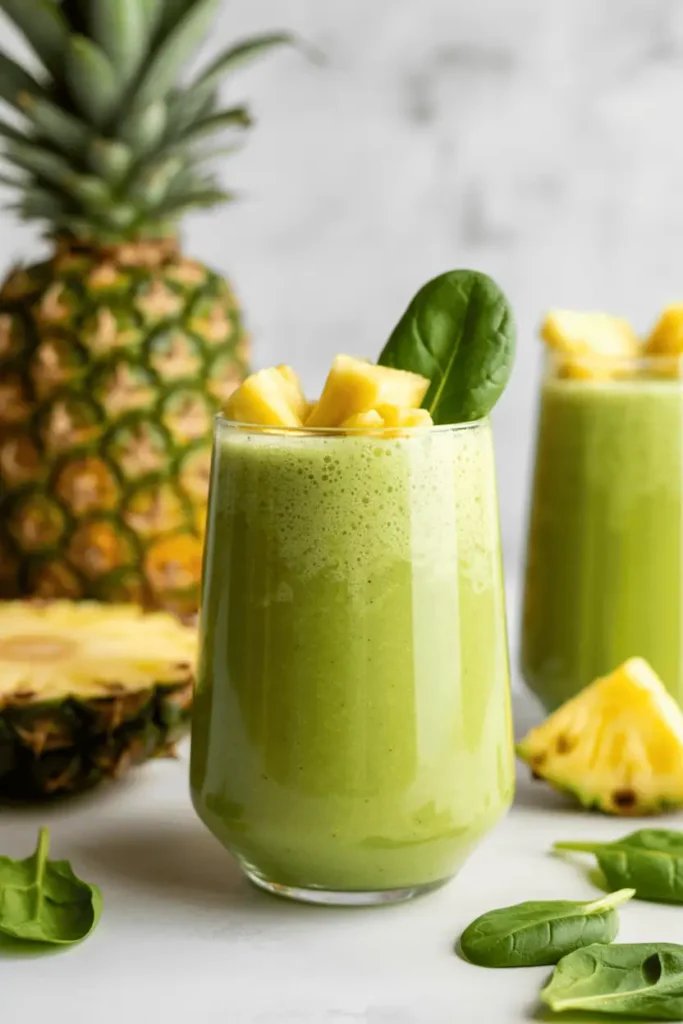“pineapple spinach smoothie in clear glass, light green-yellow color, pineapple chunks and spinach leaves, bright daylight, clean spring styling, professional food photography, photorealistic, no text, vertical 2:3”