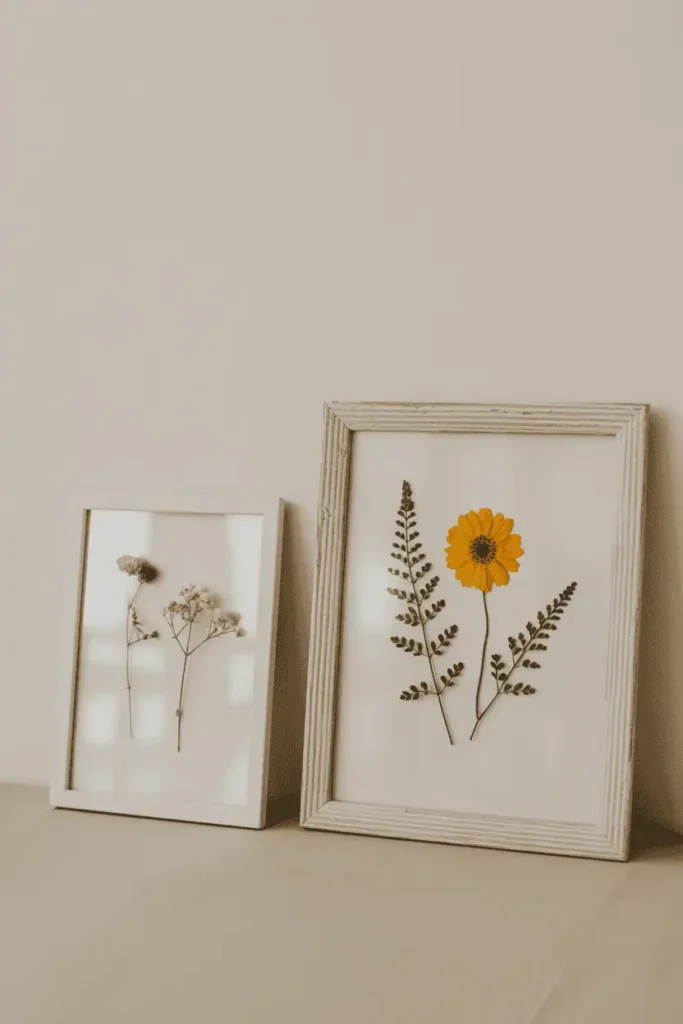 “pressed flowers and greenery displayed in simple frames, laid on a table or leaning against wall, neutral background, soft spring light, organic handmade look, realistic photography, no text, 2:3 vertical”