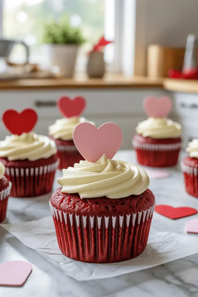“red velvet cupcakes with white cream cheese frosting, simple swirl, light valentine accents, natural daylight, clean home kitchen setting, photorealistic food photography, no text, vertical 2:3”