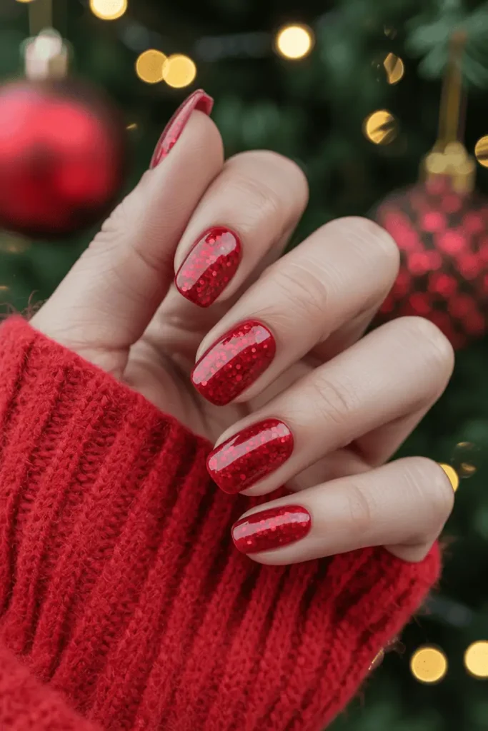 ruby red glitter nails, fine sparkling textures, festive vibrant color, cozy Christmas ornament background, warm lights, realistic hands