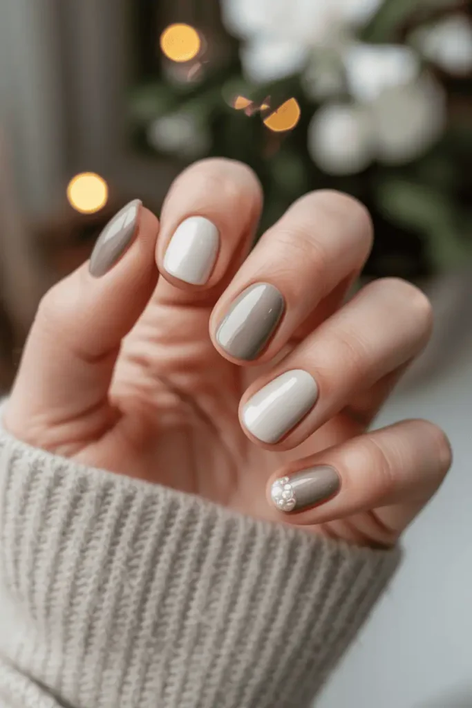 soft cream and taupe nails, minimal winter neutrals, pearl shimmer accent, cozy English cottage background, warm natural lighting, realistic hands