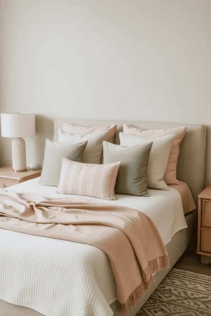 “spring bedroom styled with soft color palette, blush and sage accents, light neutral bedding, pastel pillows, warm wood furniture, natural daylight, cohesive calm color harmony, realistic interior photography, no text, 2:3 vertical”